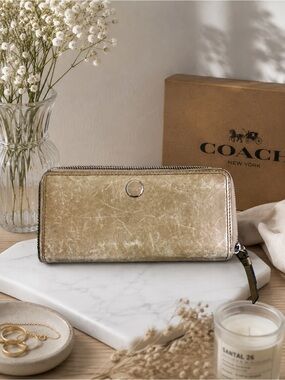 Coach Leather Zip Wallet in Light Tan with Silver Accent Y2K
